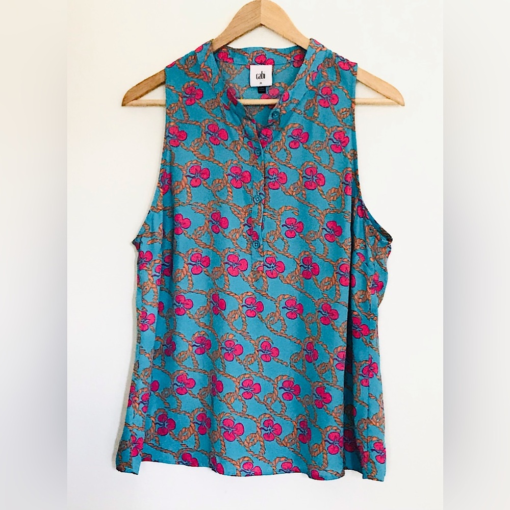 CAbi Sleeveless Teal Floral Button-Front Top